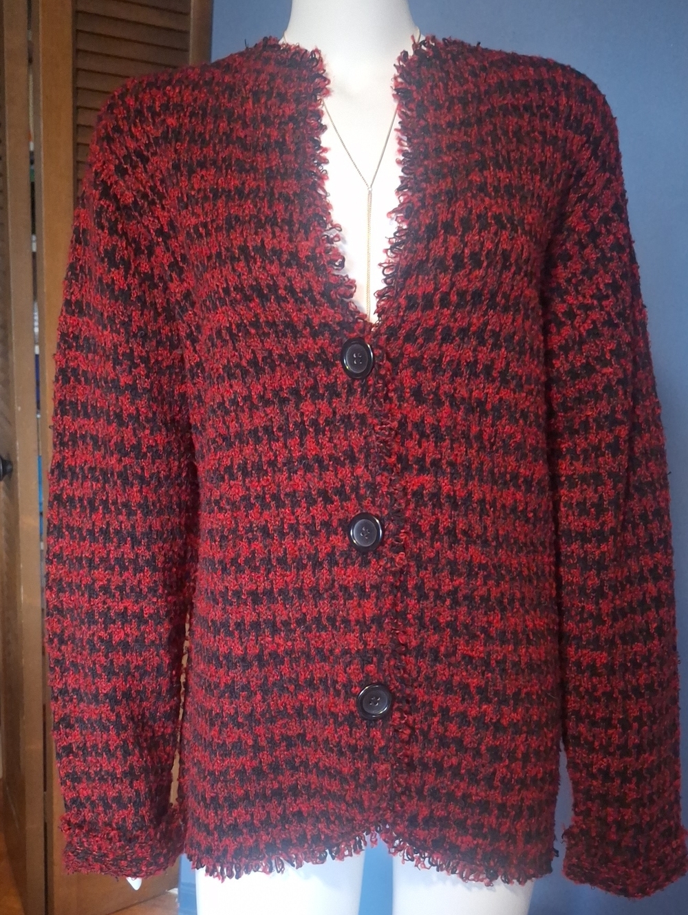 Coldwater Creek Red and Black Houndstooth Button Front Cardigan